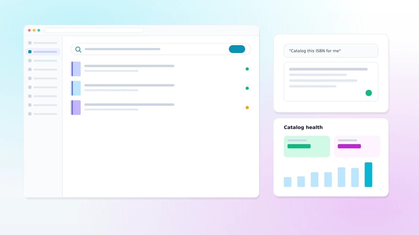 An AI assistant panel beside a library catalog, drafting a record and scoring catalog health