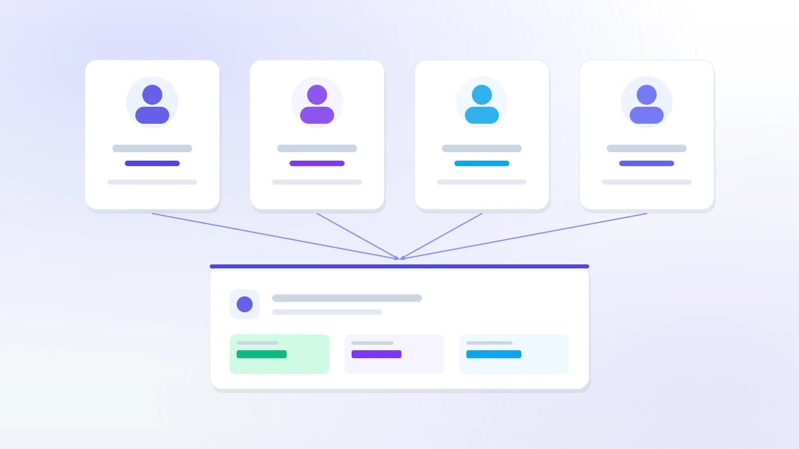 A small team of profile cards connected to one library system
