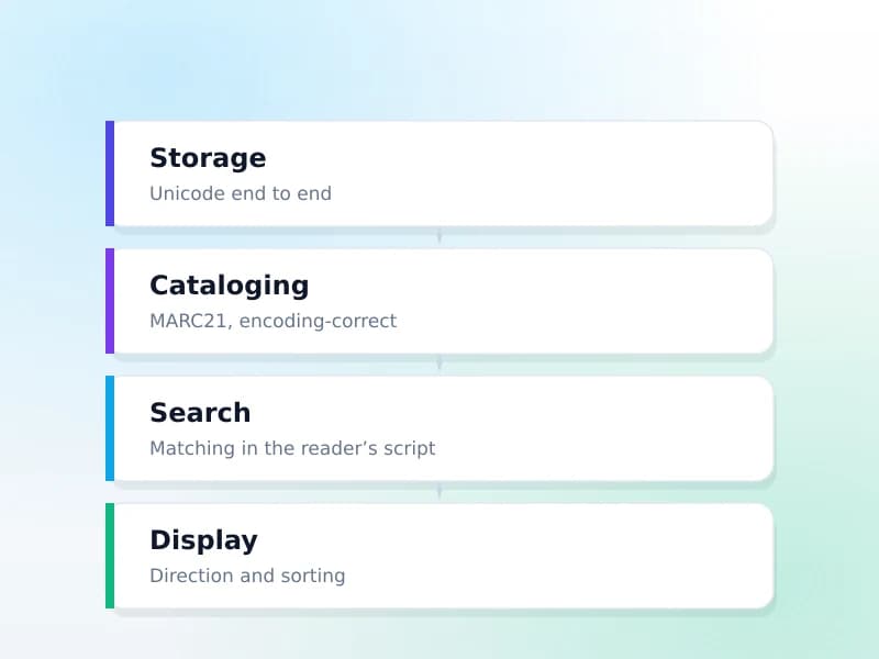 The four layers of a multilingual library catalog — storage, cataloging, search and display